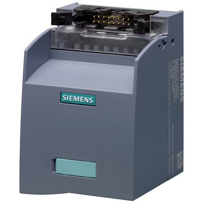 A Siemens industrial device in dark grey with a rectangular green button and visible connectors on top.