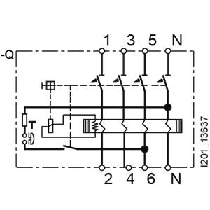 Circuit diagram of a contactor arrangement with coil 'T' and terminals 1, 2, 3, 4, 5, 6, Q, N, shown. Lines connect the terminals.