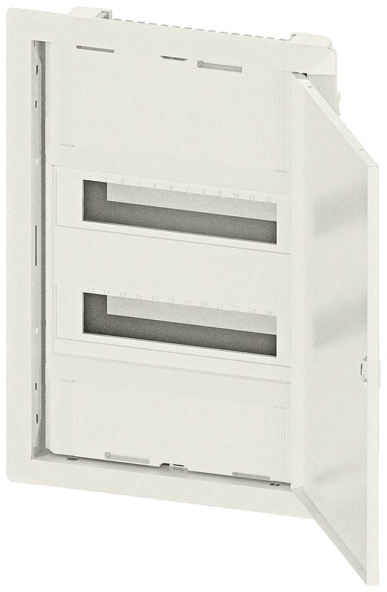 An open, empty metal electrical enclosure with two compartments, suitable for installing electrical components.