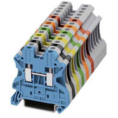 Multi-coloured terminal block for electrical connections, highlighted by blue, orange, green, and yellow sections.