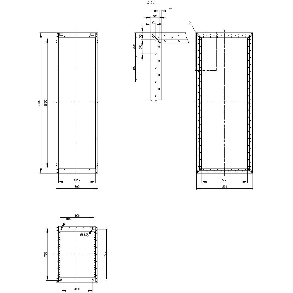 Technical drawing of a rectangular frame with dimensions and details in millimetres. Shows front, side, and top views, including angle specifications.