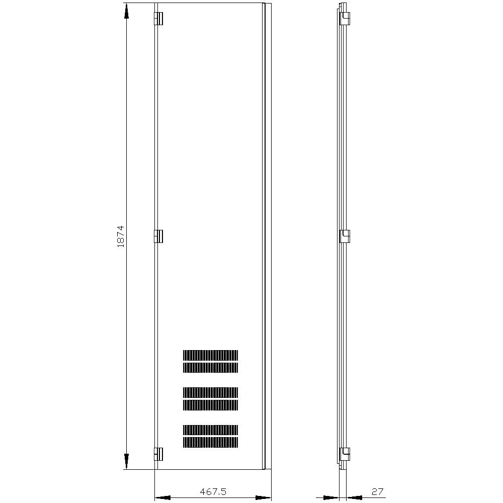 Technical drawing of a narrow cabinet with ventilation slots, dimensions: 1,874 mm high, 467.5 mm wide, 27 mm deep.