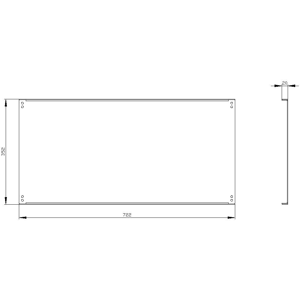 Technical Drawing of a Rectangular Metal Sheet with Dimensions: Length 722 mm, Width 362 mm, Thickness 20 mm.