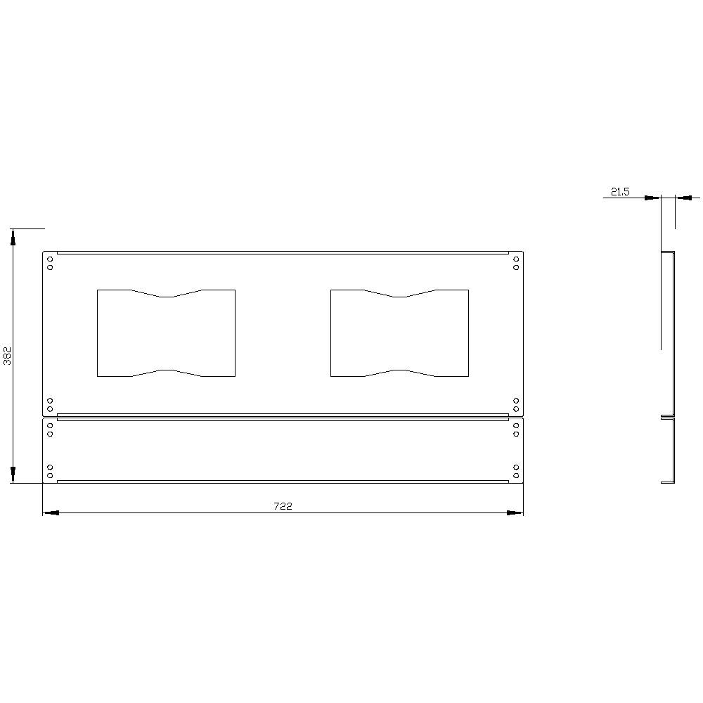 Drawing of a rectangular metal profile with two large cutouts, dimensions: width 782 mm, height 302 mm, depth 21.5 mm.