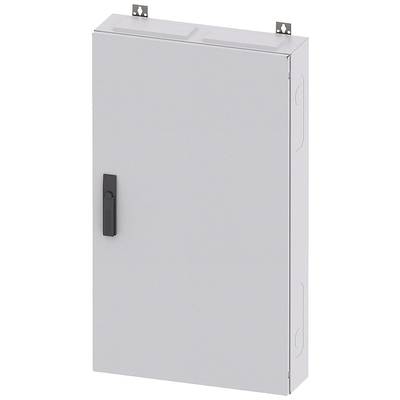A grey metal cabinet with a handle, wall-mounted.