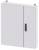 Metal cabinet with two doors and a black handle on the right door. Perfect for securely storing documents or equipment.