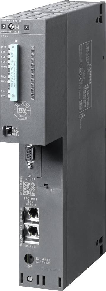 Industrial control unit with multiple ports and a digital display field on the front. Suitable for automation systems.