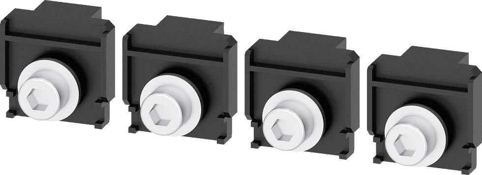 Four black, square mountings with white, round buttons in a row. They are evenly arranged and identical.