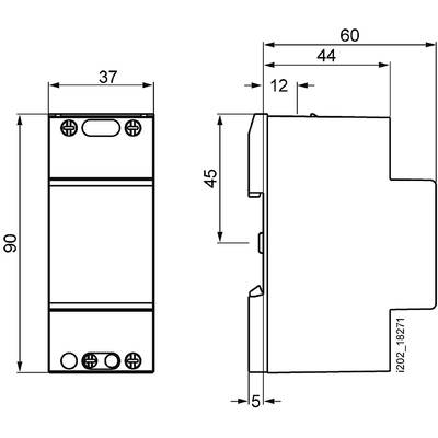 Technical drawing of a rectangular component with dimensions: 90x37 mm in the front view, 60x45 mm in the side view.