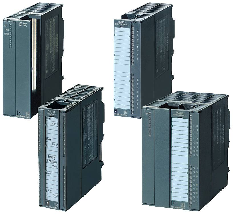 Four industrial control modules positioned side by side and vertically, with varying displays and ports, typical of automation technology.