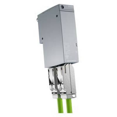 A silver electrical device with two green cables at the bottom. Possibly an industrial connector or a terminal block.