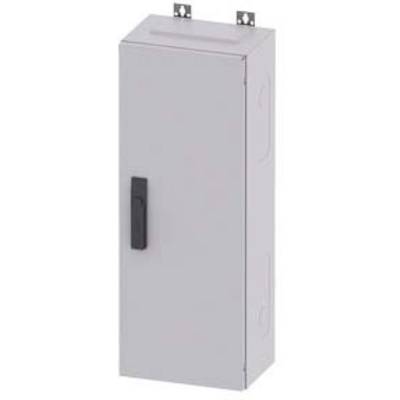 Grey-painted metal cabinet with a black handle and two upper mountings.