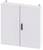 Metal cabinet with two doors, central black handle, painted white. Suitable for storing electrical distribution panels.