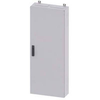 A rectangular grey control cabinet with a black handle on the left side; two hooks on the top surface.