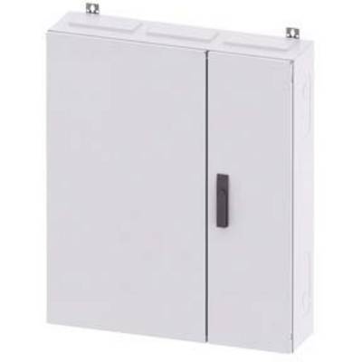 Grey electrical cabinet with two doors and a black handle, lid on top. Suitable for electrical installations in indoor spaces.