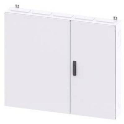A white metal cabinet with two doors and a black handle, wall-mountable; used for storing equipment or documents.