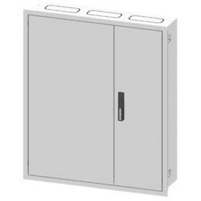Grey metal cabinet with two doors and a black handle centrally located on the right door. Three rectangular ventilation openings are positioned at the top.