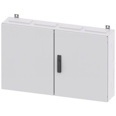 Grey metal cabinet with two doors, one with a black handle, for storing electrical equipment or tools.