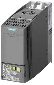 Siemens industrial converter, model SINAMICS, in a dark enclosure, showing product labels and ventilation slots at the top.