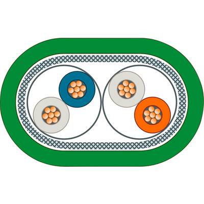 Cross-section of a coaxial cable with a green outer layer, two internal wires in blue and red casings, filled with copper wires.