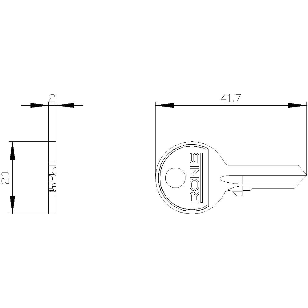 Technical drawing of a key with dimensions: Length 41.7 mm, Width 20 mm, Thickness 2 mm. 'RONIS' logo on the key head.