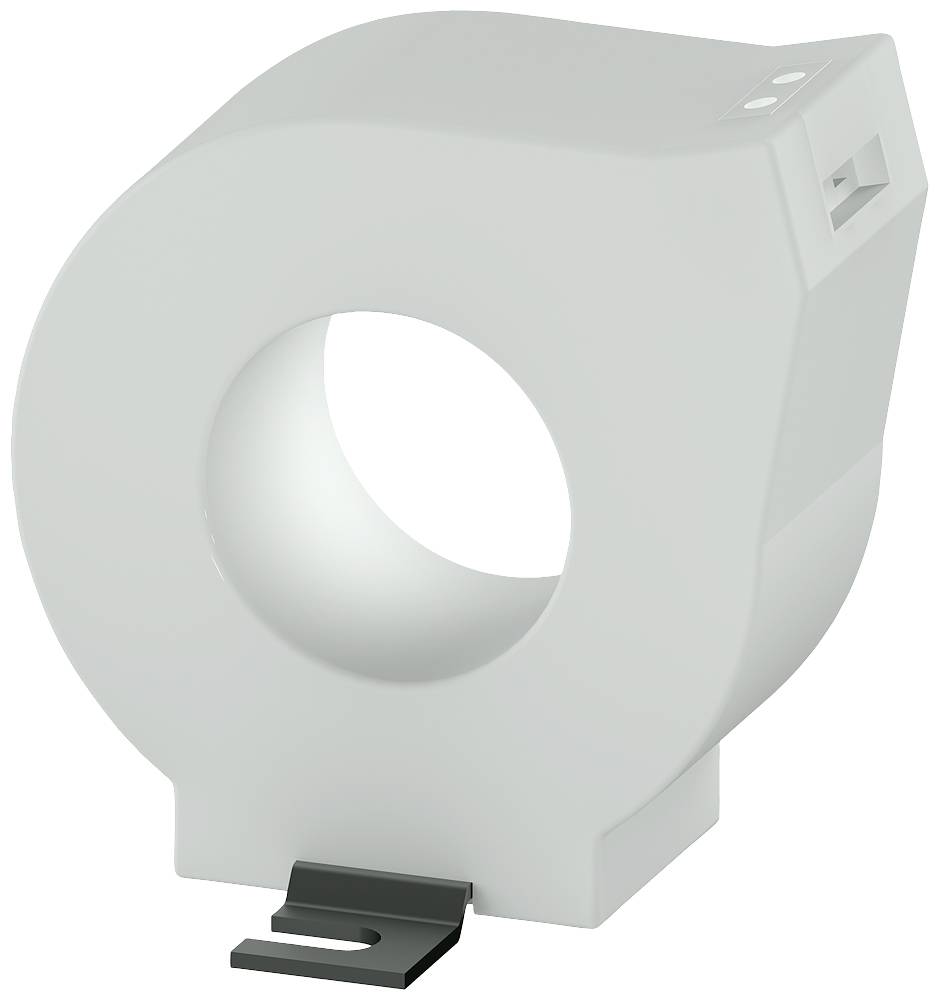 A rectangular grey electricity transformer with a circular aperture in the centre. The front and back sides have connection points.