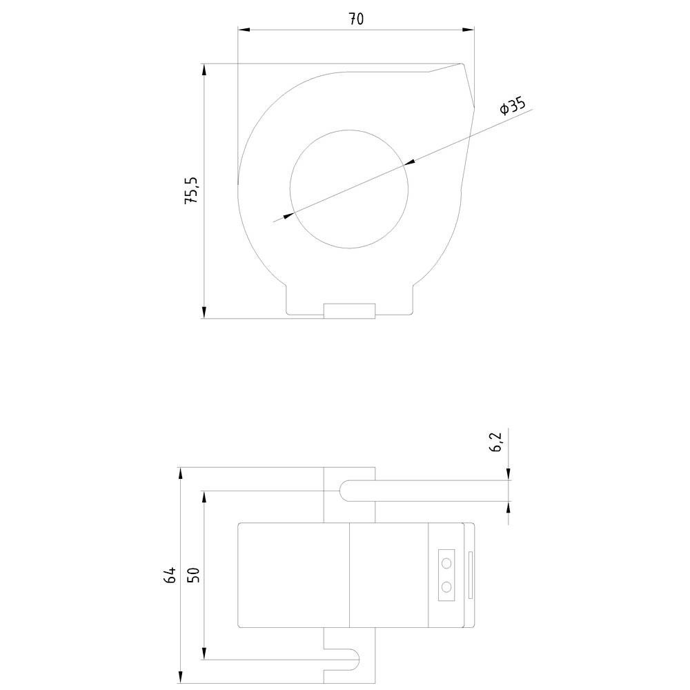 Technical drawing of a round object with a diameter of 35 mm and height of 70 mm. Front view shows height of 64 mm, depth of 62 mm.