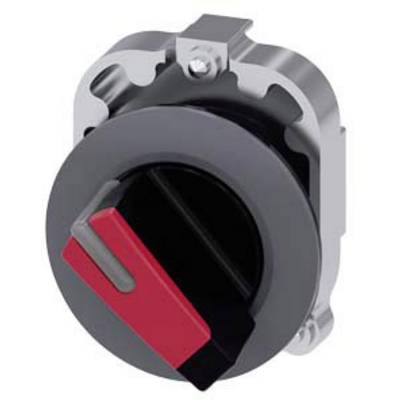 A round industrial switch in profile with a red lever and black housing, against a grey background.