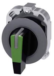 A round, rotary switch lever with a green handle in a metallic mounting, used in industrial devices for control purposes.