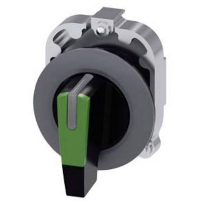 A round, rotary switch lever with a green handle in a metallic mounting, used in industrial devices for control purposes.