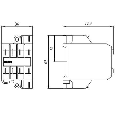 Technical drawing of an electronic component with dimensions: width 36 mm and 58.7 mm, height 62 mm, depth 31 mm.