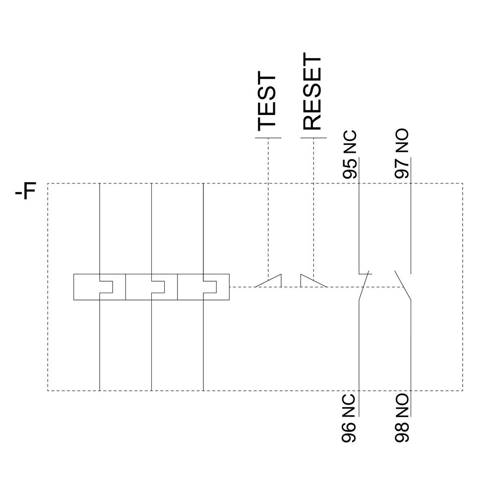 Technical drawing of a circuit diagram with the main points 'TEST', 'RESET', '95 NC', '96 NC', '97 NO', '98 NO' clearly marked.