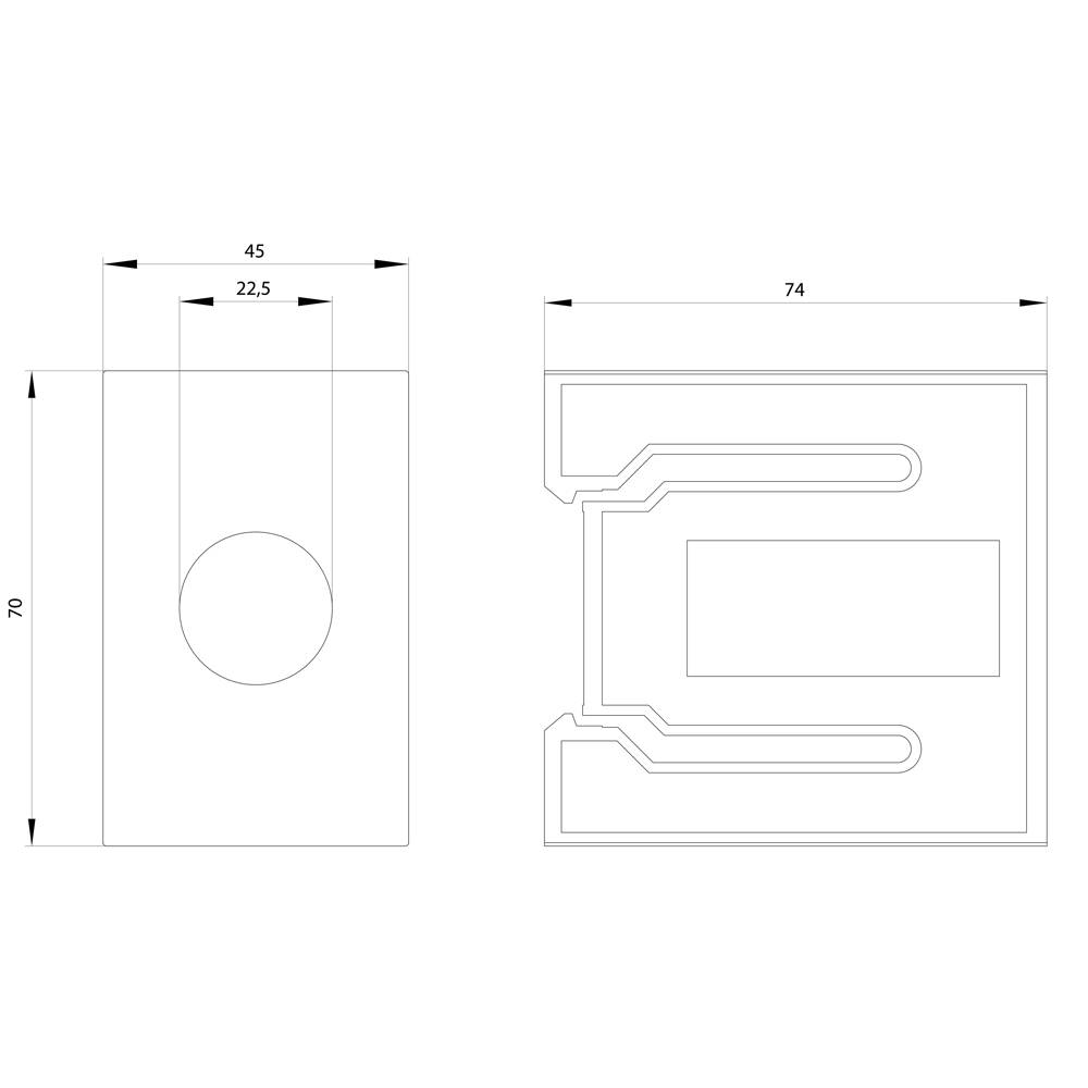 Technical drawing of a component with dimensions: height 70 mm, width 45 mm and 74 mm, details in internal structure, circular cut-out present.