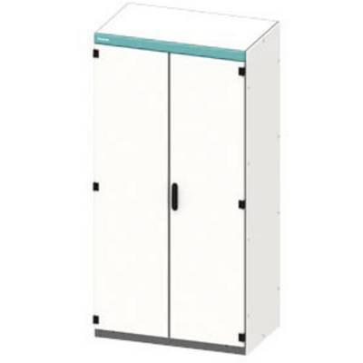 White metal cabinet with two doors and black handles, suitable for storage in industrial or commercial environments.