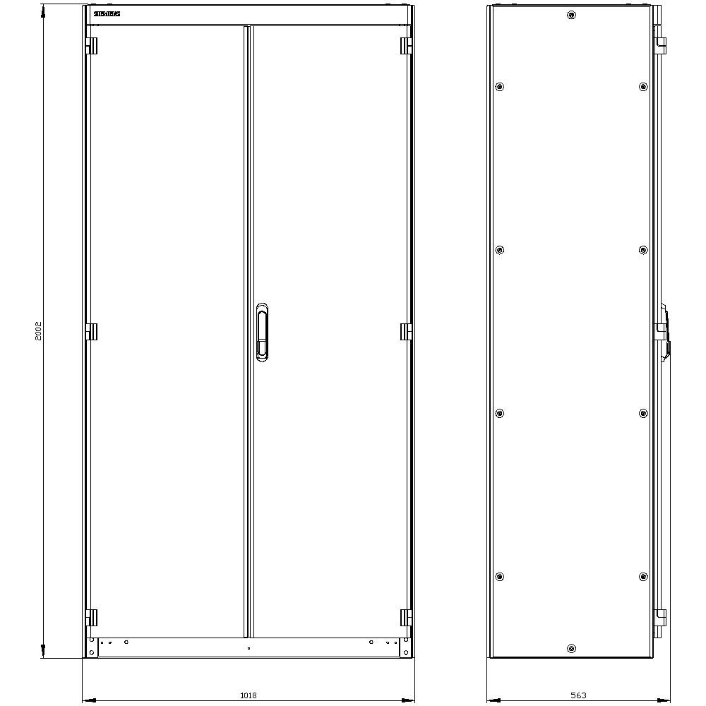 A technical diagram shows the front and side view of a cabinet. Dimensions: height 2,106 mm, width 1,018 mm, depth 585 mm.