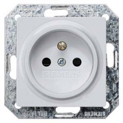 A white Siemens socket, square in shape with two plug holes and an earth connection. Mounted on a rectangular metal plate.