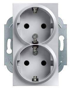 Double socket in a white wall plate, suitable for two electrical plugs.