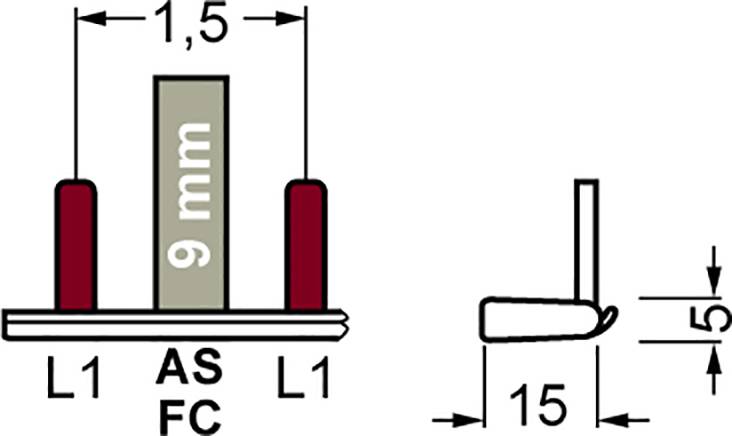 'AS FC' diagram shows an L-shaped structure with dimensions: 1.5 mm width, 9 mm height, 15 mm length. Side view shows 5 mm height.