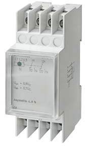Electronic voltage monitor in a white housing with multiple connection terminals on top, and a side-mounted scale and labelling.