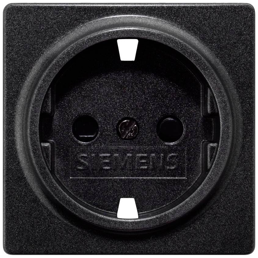 Black Siemens wall-mounted socket, round shape, with two holes for Euro-style plugs and earth contact.