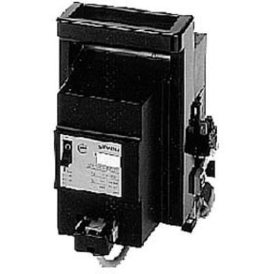 Black electrical device with a switch, button, and label on the front. Likely an electrical circuit breaker.