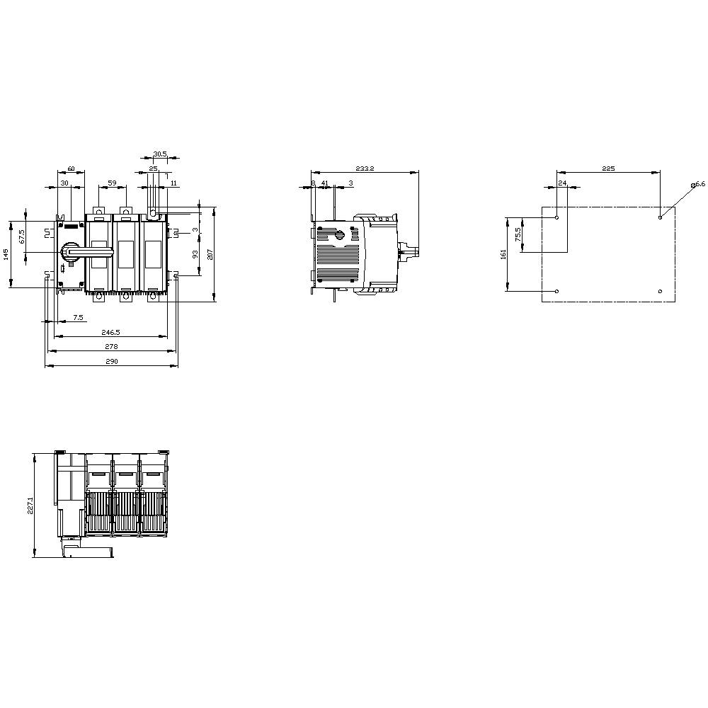 Technical drawing of a device with various views and dimensional specifications. Main view shows details of the sides and top surface.