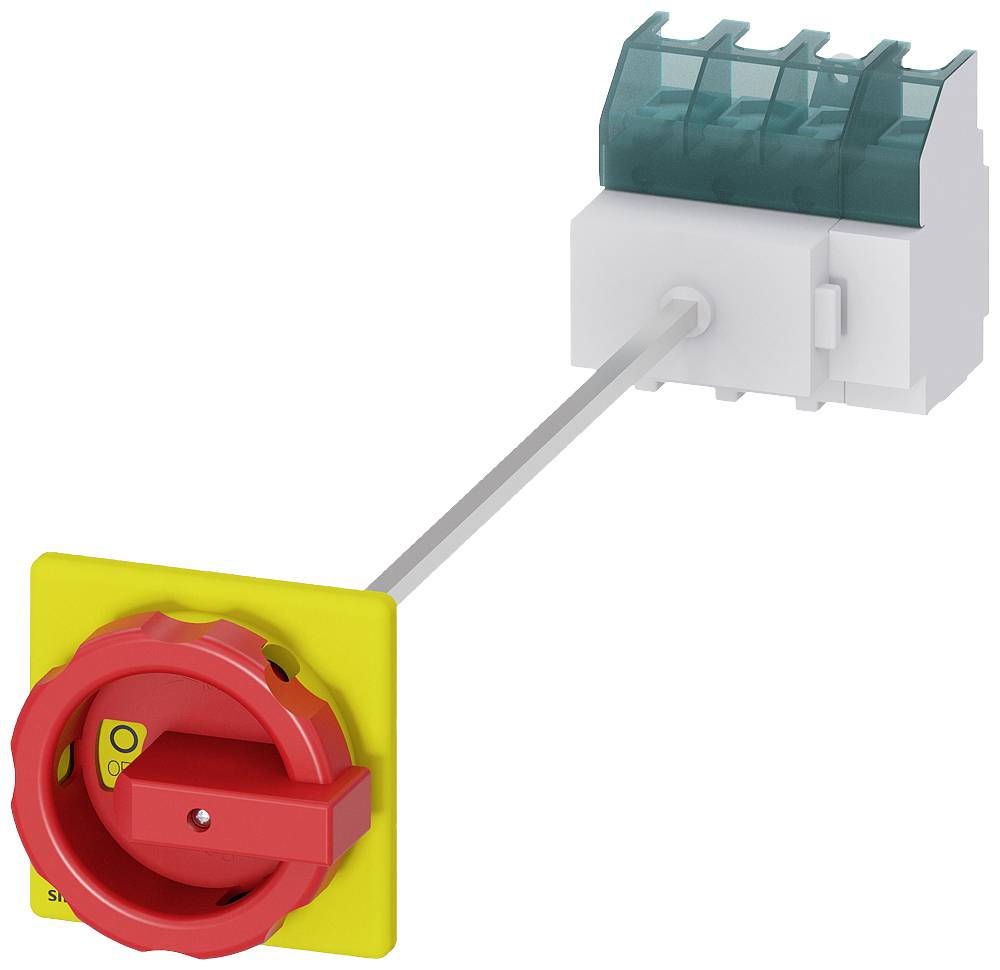 A yellow emergency stop switch with a red handle, connected to a transparent, green plastic housing.
