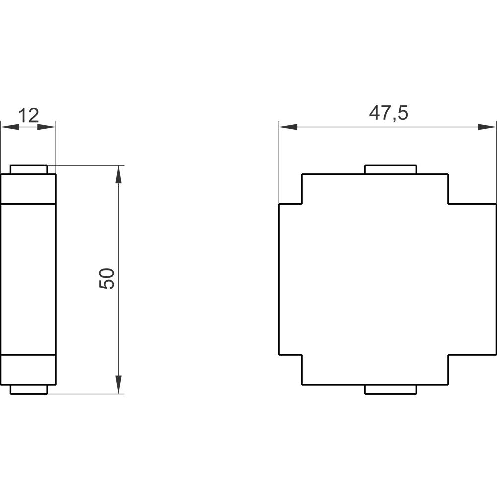 Technical drawing of a rectangular component with dimensions: height 50, width 47.5, depth 12. Shows front and side view.