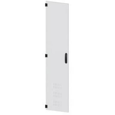 White door with black hinges and handle on the right side, slightly ajar.