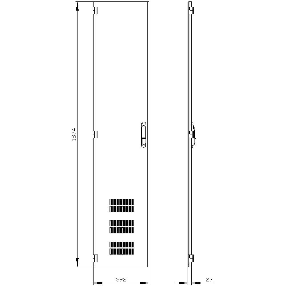 Front view in technical drawing style, shows dimensions 1874 mm height, 392 mm width and 27 mm depth, with ventilation slots.