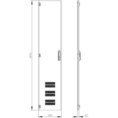 Front view in technical drawing style, shows dimensions 1874 mm height, 392 mm width and 27 mm depth, with ventilation slots.