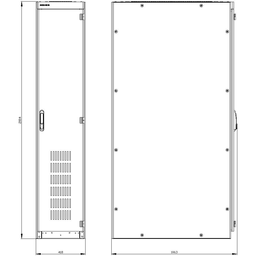 A technical diagram shows two views of a metal enclosure: on the left, the front view with ventilation slots and a handle; on the right, the side view with no details. Dimensions are indicated.