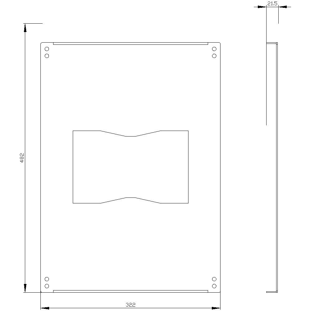 Technical drawing of a rectangular component with two views. Front view shows a recessed form in the centre. Dimensions: 462 x 322 mm, thickness: 21.5 mm.