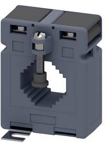 A rectangular electrical current sensor with a central opening, mounting screw, and metal bracket at the base for installation.